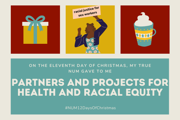 A Christmas collage in red, gold and green. The left hand image is of a present. The right hand image is of a mug of hot chocolate. The central image shows two people sitting talking to one another. The text reads: “On the eleventh day of Christmas, my true NUM gave to me: partners and projects for health and racial equity”.