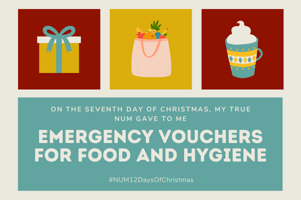 A Christmas collage in red, gold and green. The left hand image is of a present. The right hand image is of a mug of hot chocolate. The central image shows shopping bags full of food The text reads: “On the seventh day of Christmas, my true NUM gave to me: emergency vouchers for food and hygiene”.