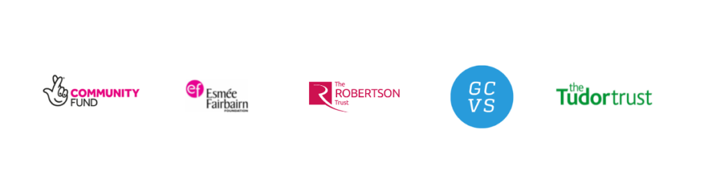 the logos of the national lottery community fund, esmee fairbairn foundation, the robertson trust, glasgow community and voluntary services and tudor trust