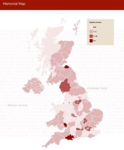 an image of num's memorial map, with regions of the uk highlighted in different shades of red