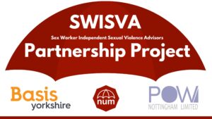 LOGO of red umbrella with white letters saying: SWISVA Partnership Project. Also has the logos of Basis Yorkshire, NUM and POW Nottingham along the bottom.